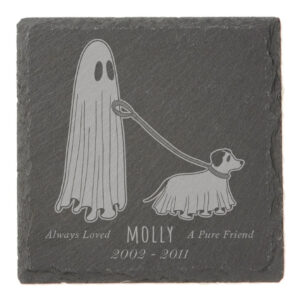 A sample image of a slate tile engraved with a custom dog memorial graphic.