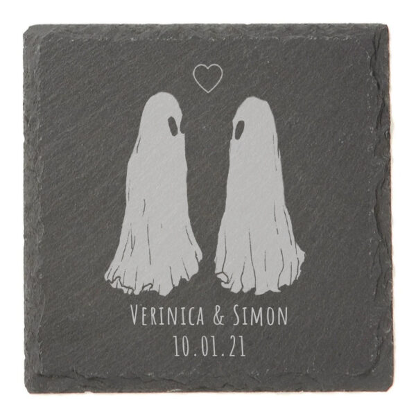 An example engraved tile with Flukelady's Ghost Love piece and custom anniversary text