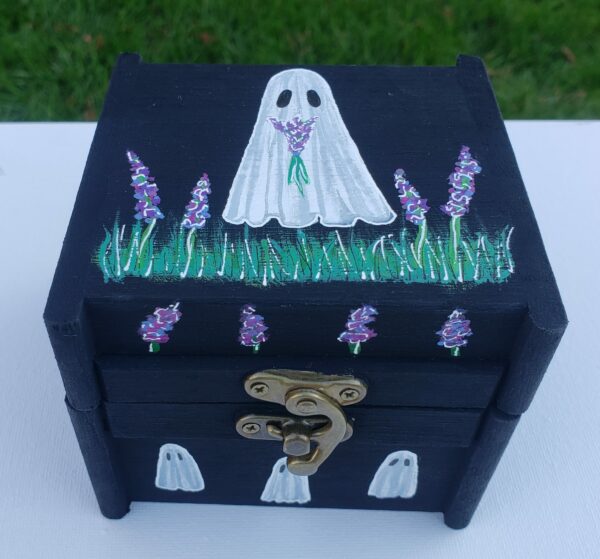 Lavender Ghost Wooden Trinket Box & Clay Ghost Statuette