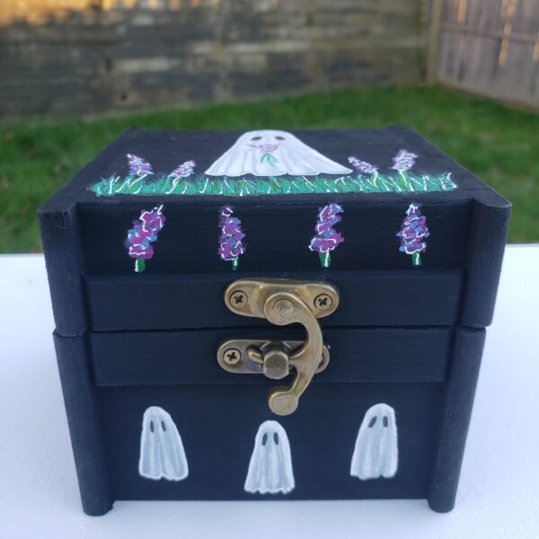 Lavender Ghost Wooden Trinket Box & Clay Ghost Statuette