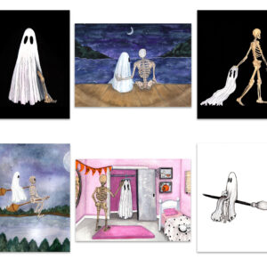 Set of 6 art prints featuring artwork of skeletons and ghosts.