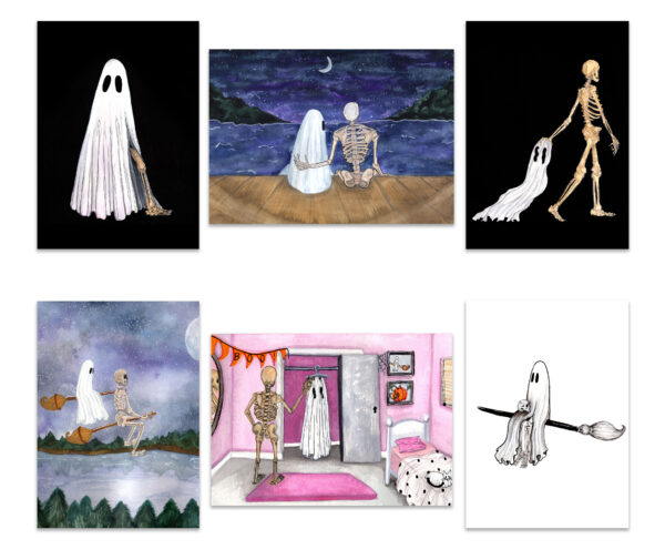 Set of 6 art prints featuring artwork of skeletons and ghosts.