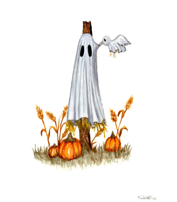 Scarecrow watercolor painting by Flukelady. A sheet ghost has been made into a scarecrow and mounted on a pole. A ghost bird picks at the hay for nesting materials.