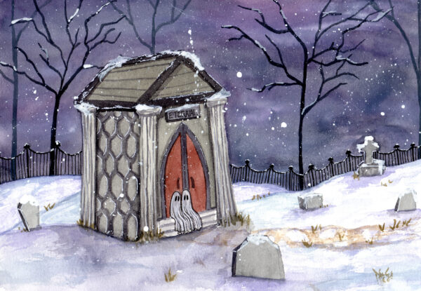 Cemetery (2022) is a watercolor painting by Flukelady. It depicts two ghosts sitting on the doorstep of a mausoleum on a snowy evening.