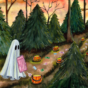 This watercolor painting by Flukelady depicts a ghost collects candy that has been placed along a forest trail..