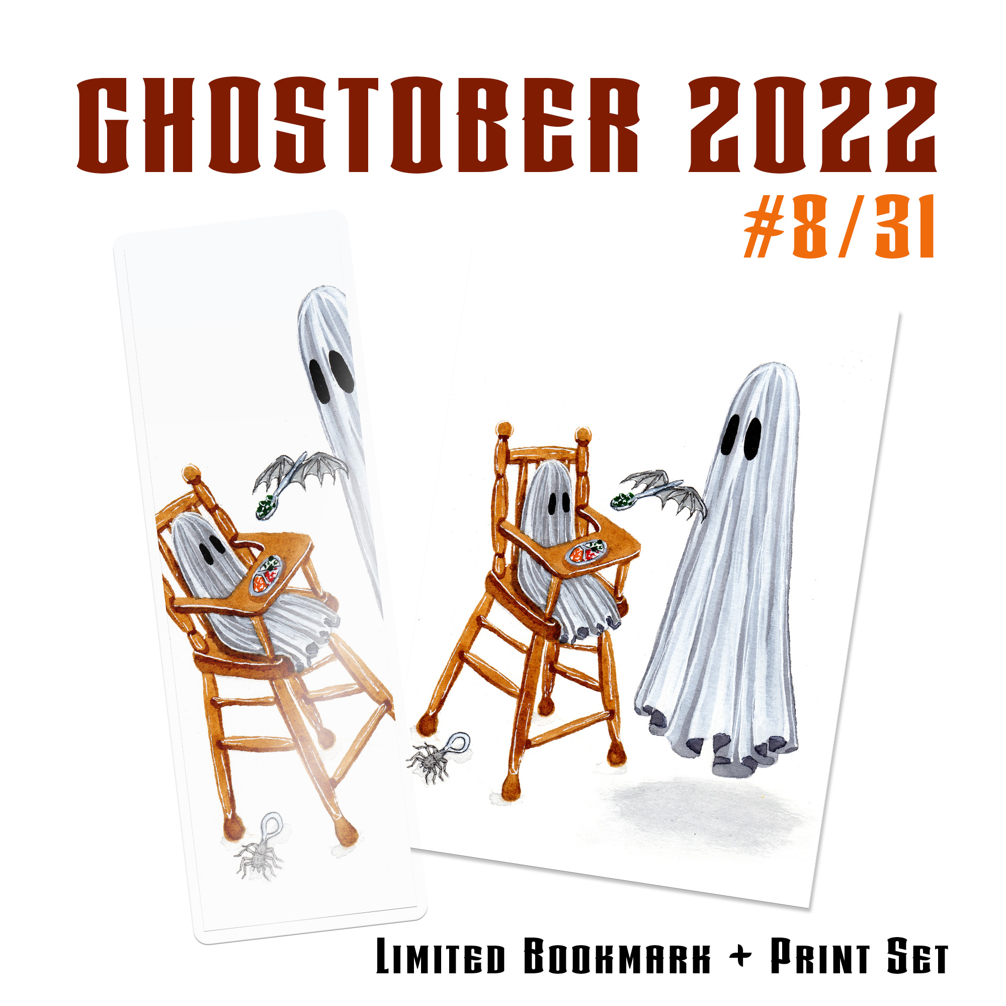 A limited edition print set featuring artwork from the Flukelady painting titled 'Ghost Baby' from her 2022 Ghostober Series.