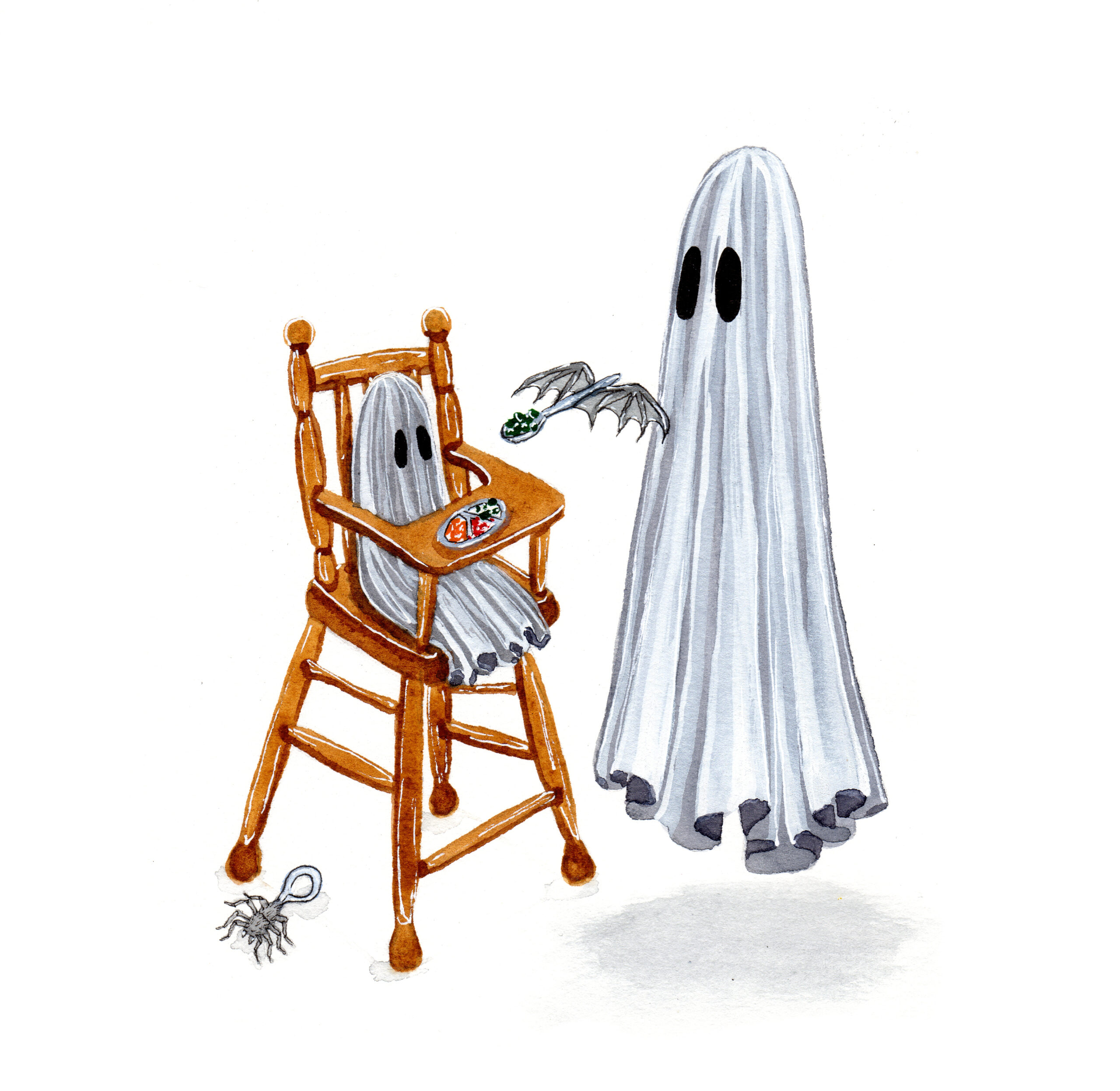 A ghost feeds its child whom is sitting in a high chair.