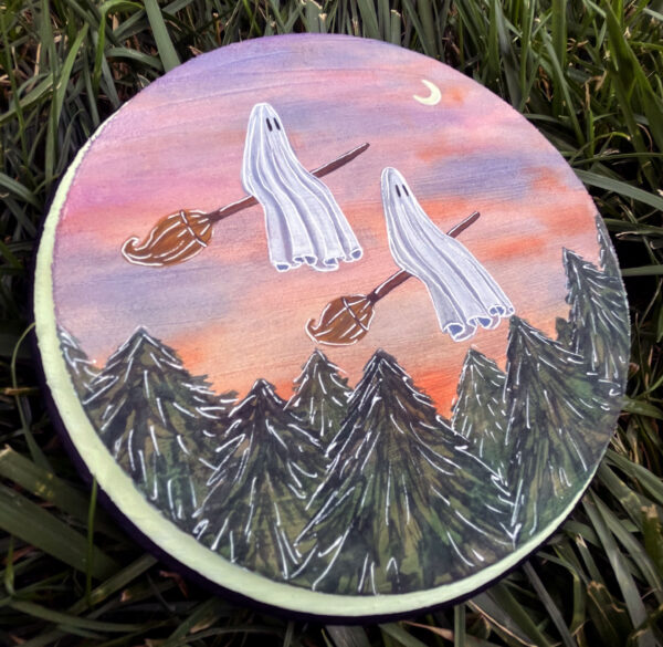 Flying Ghosts - Glowing Wooden Plaque