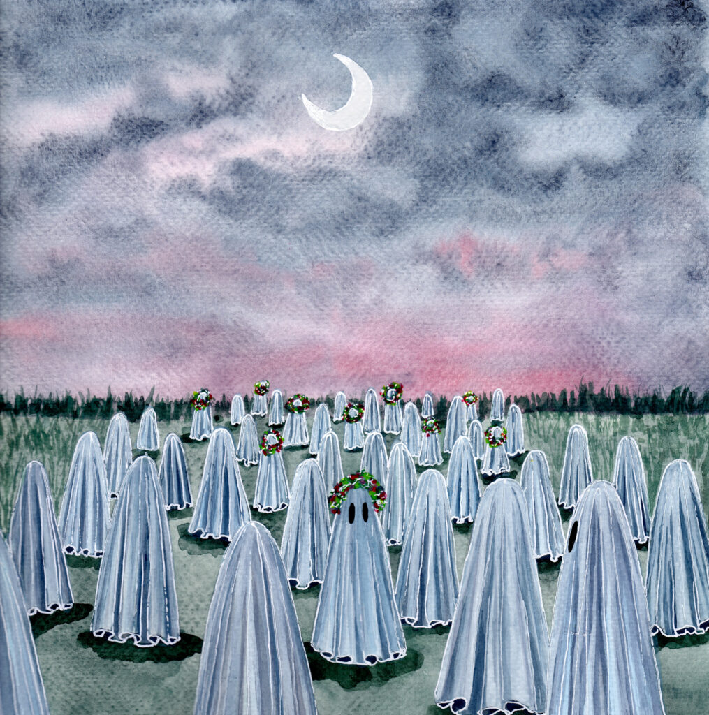A gathering of ghosts in floral festive headdress, looking up to gaze at a crescent moon.