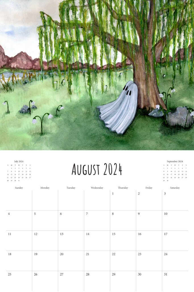 Flukelady wall calendar, depicting the month of August 2024