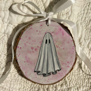 Pink and White Wooden Ghost Ornament