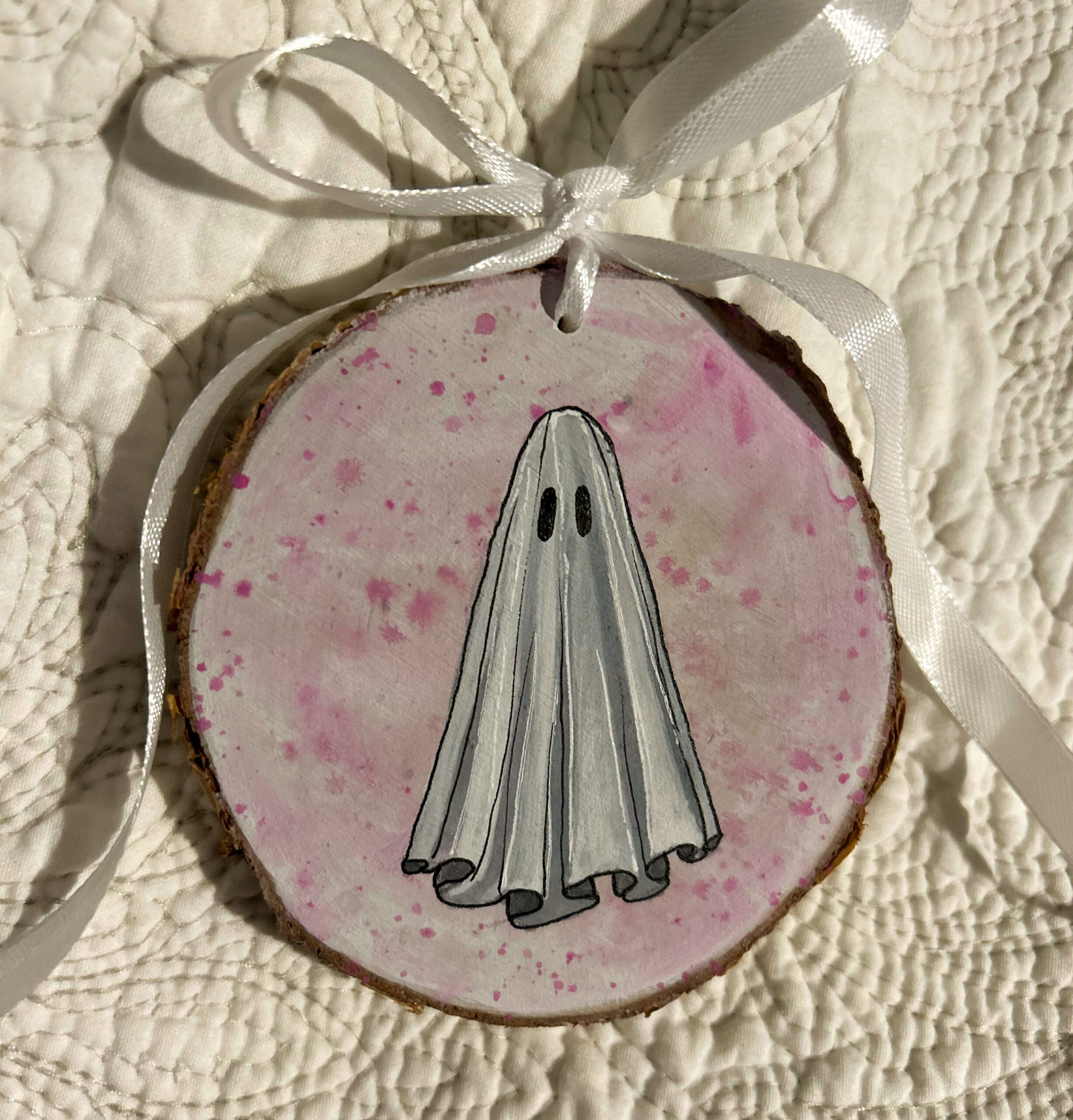 Pink and White Wooden Ghost Ornament