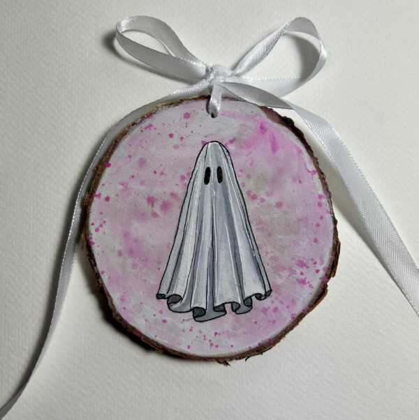 Pink and White Wooden Ghost Ornament