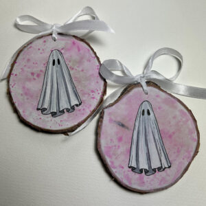 Pink and White Wooden Ghost Ornament3