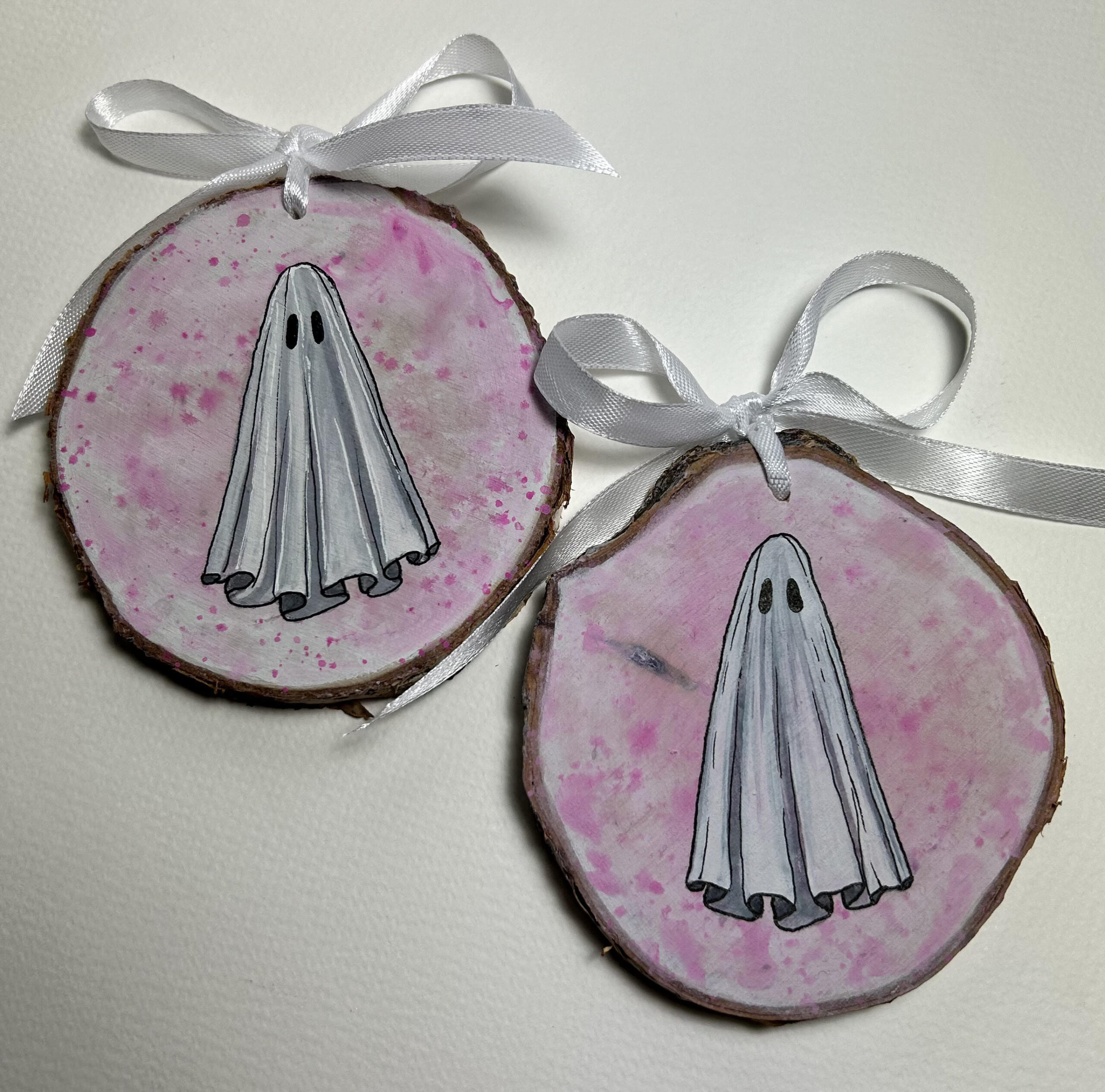 Pink and White Wooden Ghost Ornament3