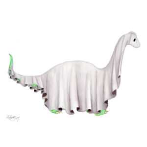 A painting titled 'Ghost Dinosaur - Sauropod' by Flukelady. It depicts a sauropod (long-neck dinosaur) styled as a sheet ghost.