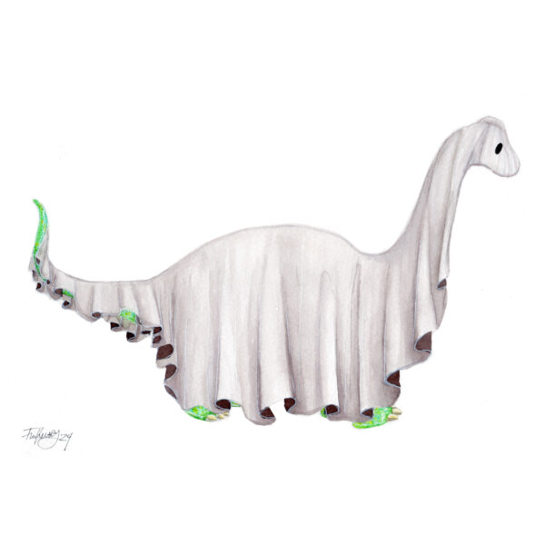 A painting titled 'Ghost Dinosaur - Sauropod' by Flukelady. It depicts a sauropod (long-neck dinosaur) styled as a sheet ghost.